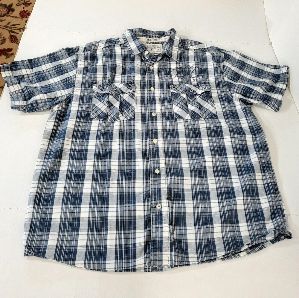 VTG Nautica Jeans Co SS Plaid Quote Button Down Shirt Flap Pockets